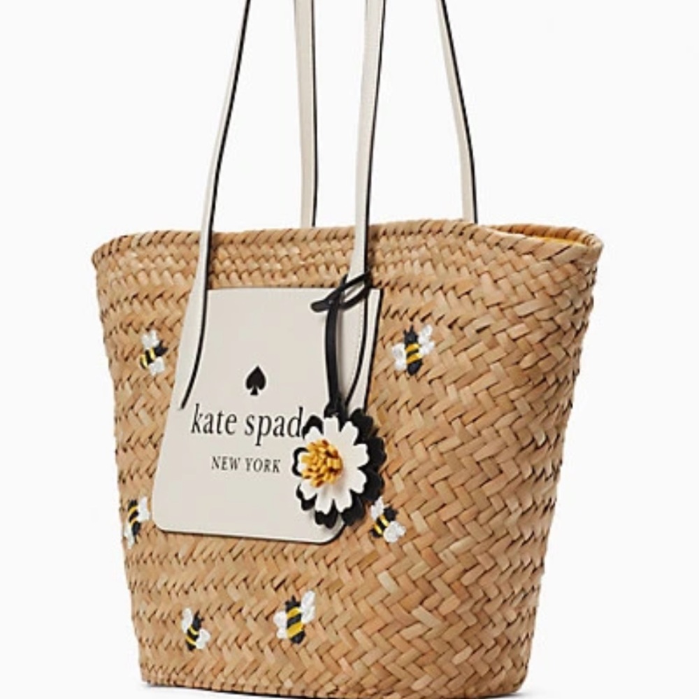 Kate Spade Honey Bee Straw Shoulder Tote Bag, NEW 2022, $459 yellow brown white - Picture 3 of 9
